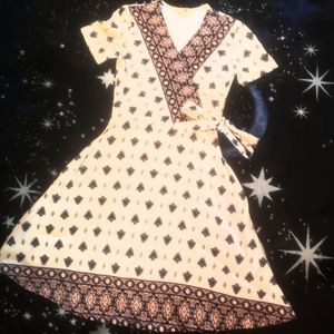 Wishful Park Cream/White Pattern Dress With Pockets and Side Tie, Small, NEW